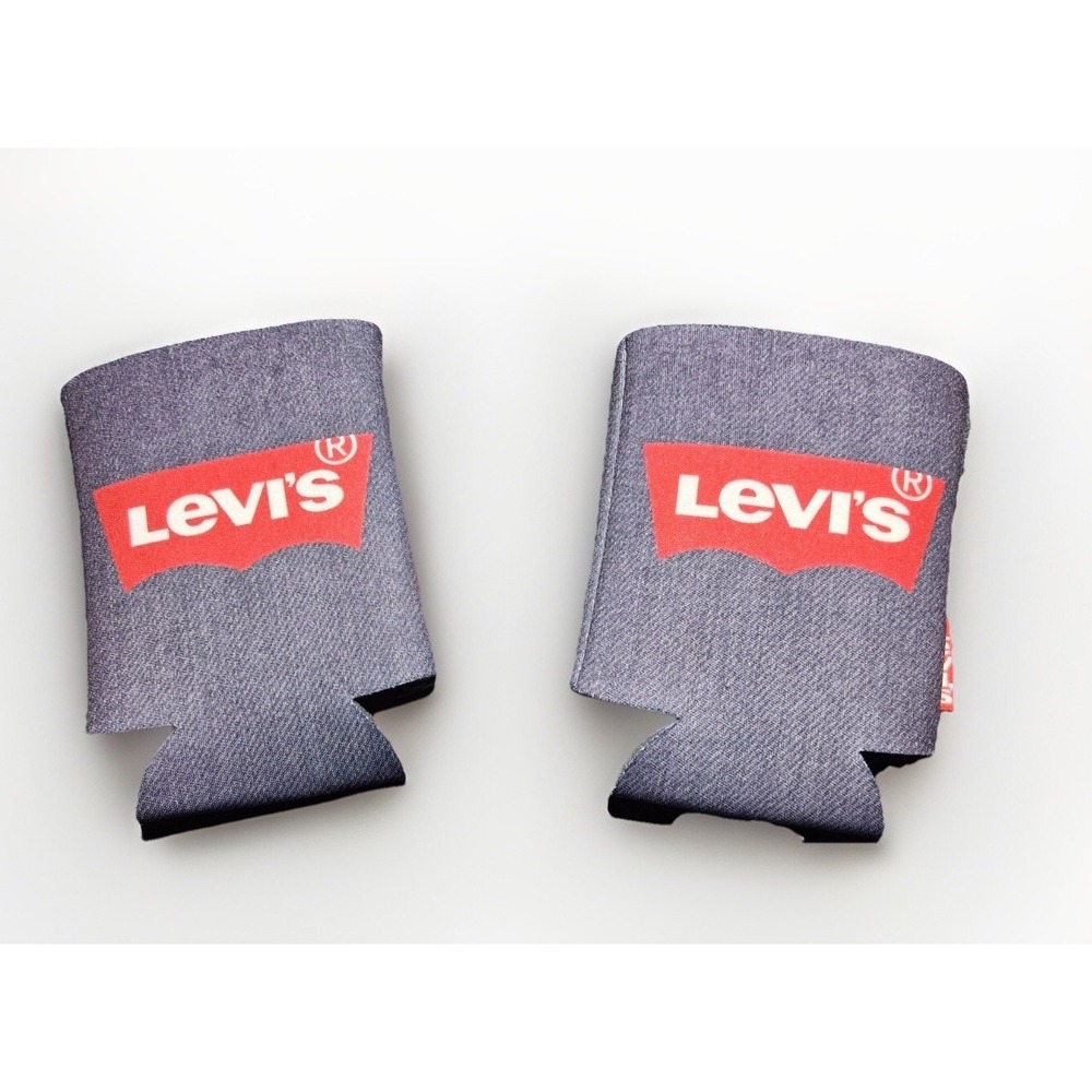 Levis Denim Print Neoprene Can Cooler Koozie Set of 2 Red Batwing Logo Two Horse